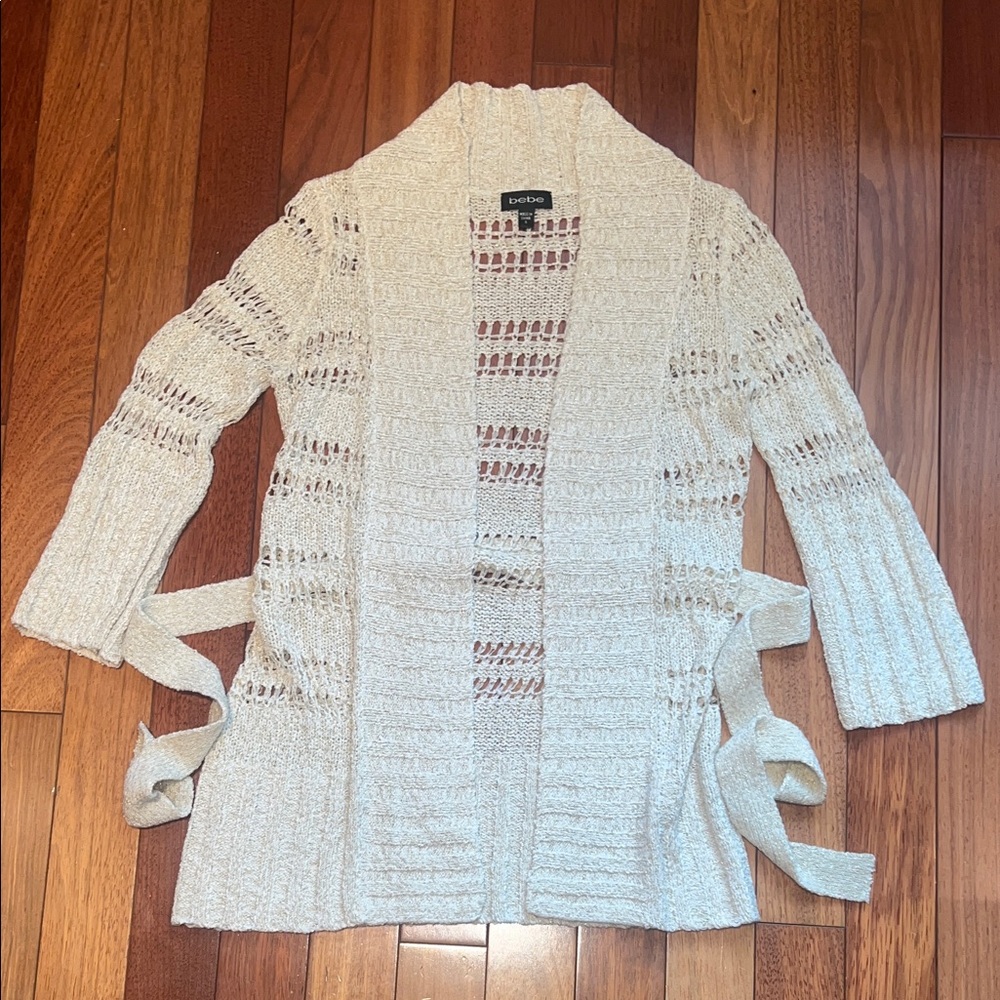 bebe Cream/Gold Open-Knit Belted Cardigan Sweater
